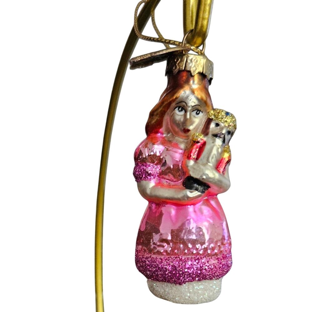 Thomas Pacconi Glass Christmas Ornament Woman Holding Doll Pink Glitter